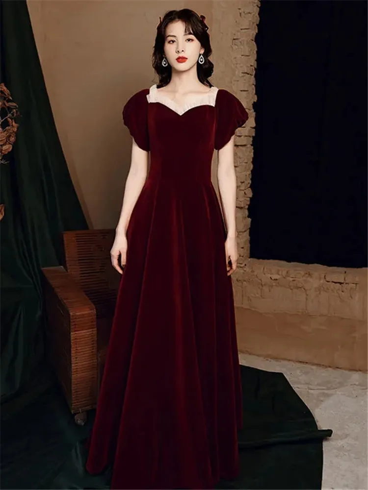 Wine Red Dress for Women Spring and Summer New Splicing V-neck Short Sleeve Long A-line Skirt Velvet Female Clothing M272