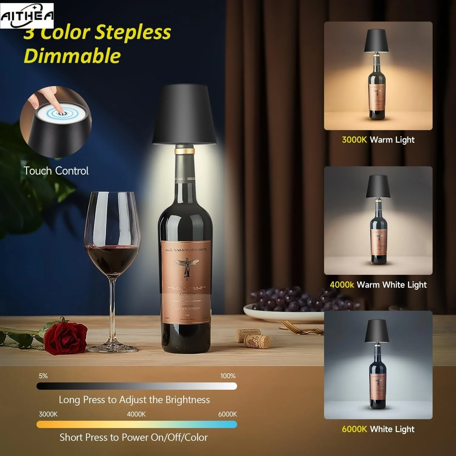 AITHEA LED Wireless RechargeableBottle Shape Table Lamp Touch Control of 3 Colors and Stepless Dimming Table Lamp Night Light