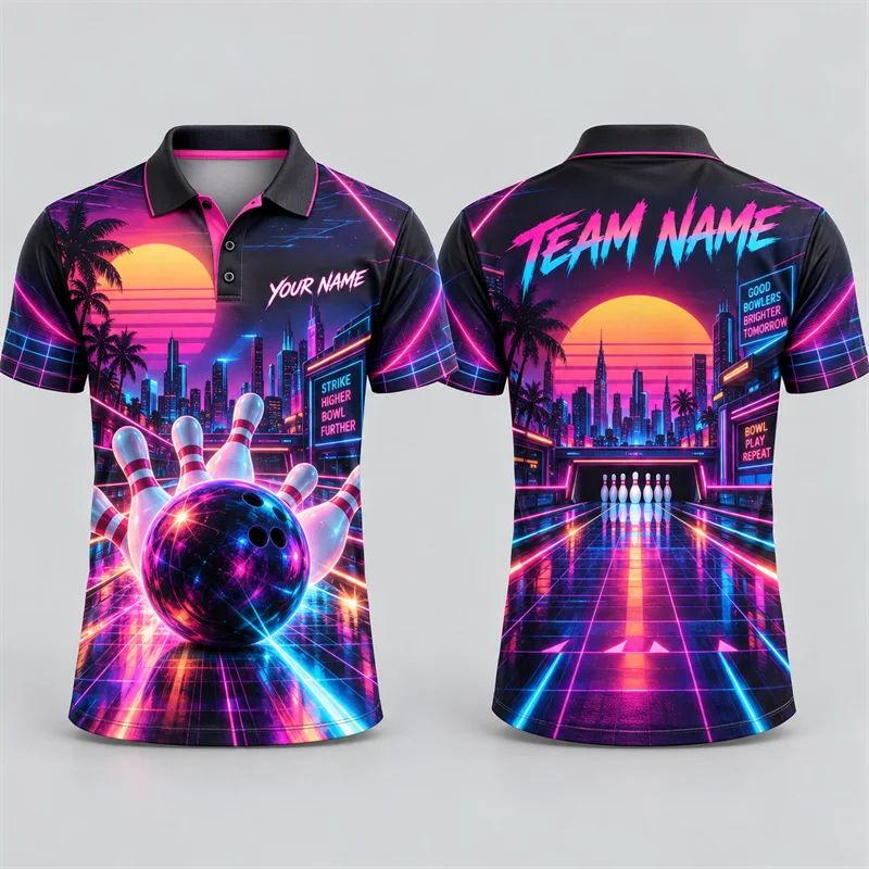 Custom Bowling Polo Shirt Personalized Name Team Name Vintage Scenic Print Short Sleeve Jersey League Tournament Sports Uniforms