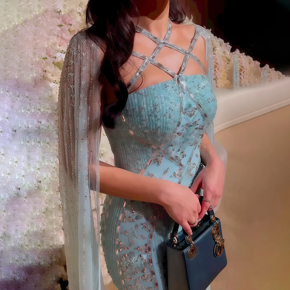 Sharon Said Dubai Champagner Meerjungfrauen-Abendkleider mit Cape-Ärmeln Aqua Criss Cross Flieder Hochzeits-Partykleid SS391 Maßanfertigung – Detail 7
