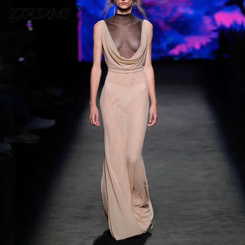 Abito da ballo sexy in rete impiombata con scollo a U increspato Primavera solido trasparente attraverso abito lungo sottile Abito estivo senza maniche con maxi abiti