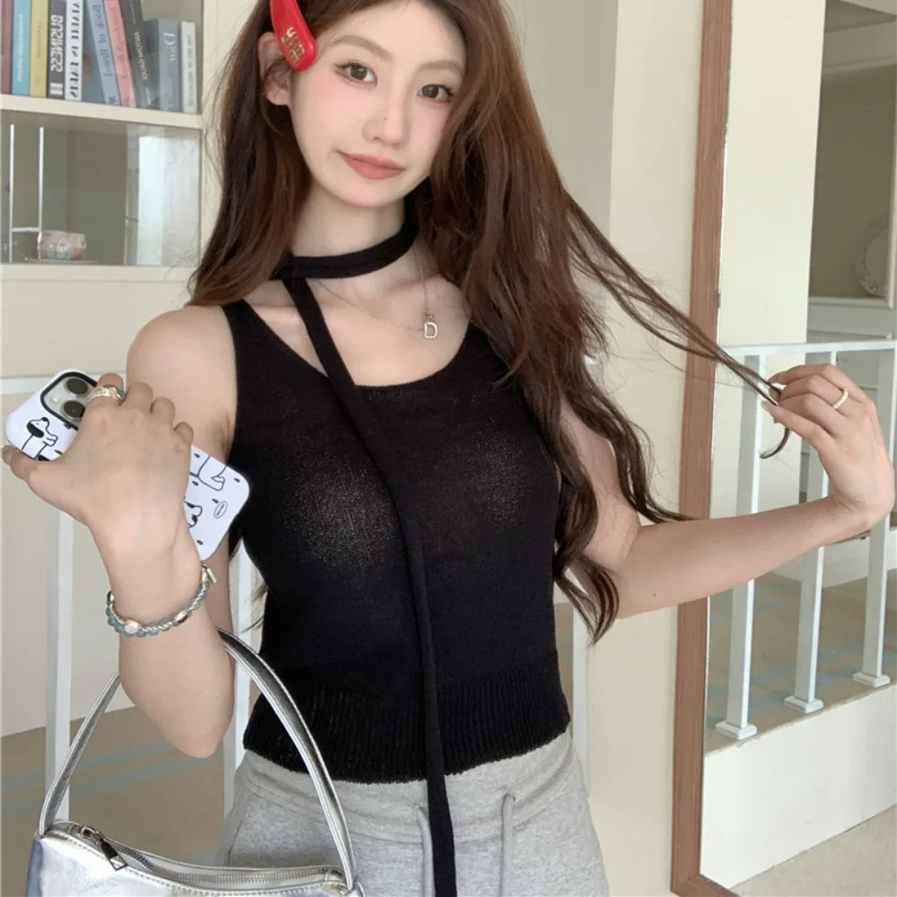 Solid Colors Women Tanks All-match Halter Spicy Girls Tops Knitting Korean Style Summer Hot Vitality Holiday Soft Temperament