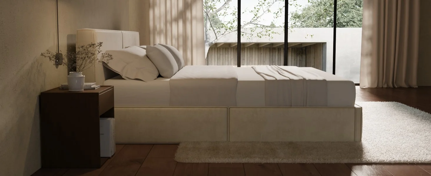 soft fabric bed frame for urban apartments, master bedrooms, attics, kids, guest and seniors