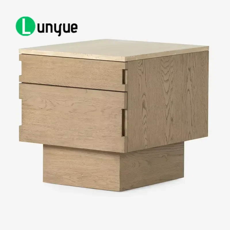 Modern Luxury Limestone Countertop Oak Frame Bedside Table Custom Size Nightstand for Bedroom Home Decor Sturdy Elegant