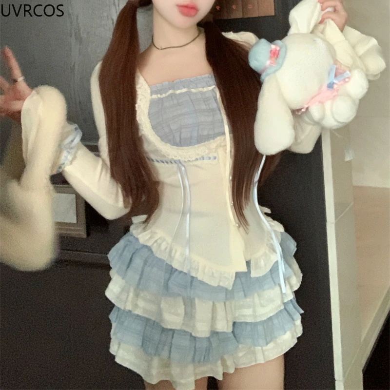 Japanese Style Lolita 2 Piece Set Women Sweet Slim Y2k Crop Blouse Tops Party Mini Skirts Fashion Suit Harajuku Kawaii Clothiing