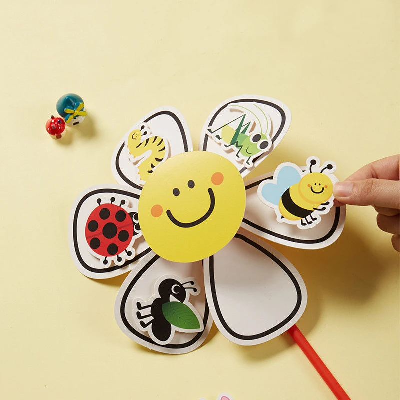 Juguetes de molino de viento de dibujos animados para niños, decoración de insectos, cognición, jardín de infantes, paquete de Material hecho a mano, artesanía, juguetes educativos