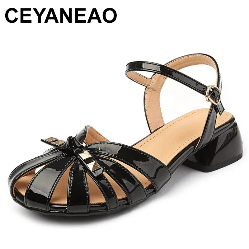 

Summer Cowhide Rivet Patent Leather Women's Sandals Round Toe Hollow Roman Sandals Large Size Thick Heels Fashion Sandals