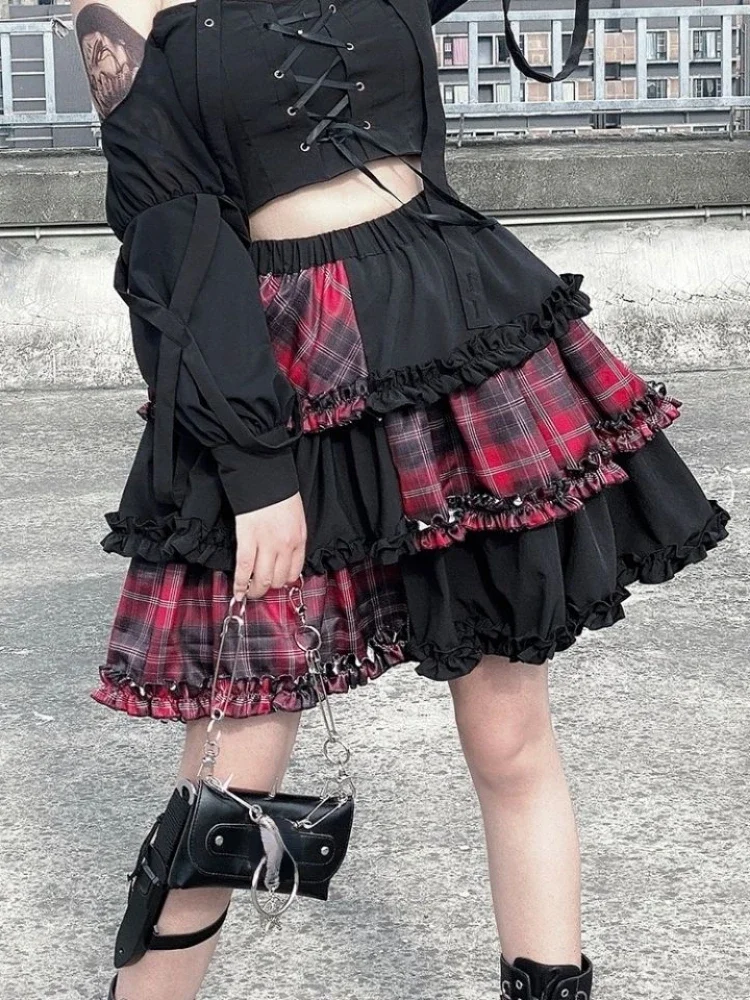 

Plaid Japanese Lolita Kawaii Skirt Women A-line Gothic Korean Sweet Skirt Female Patchwork High Street Dark Academia Skirt 2024