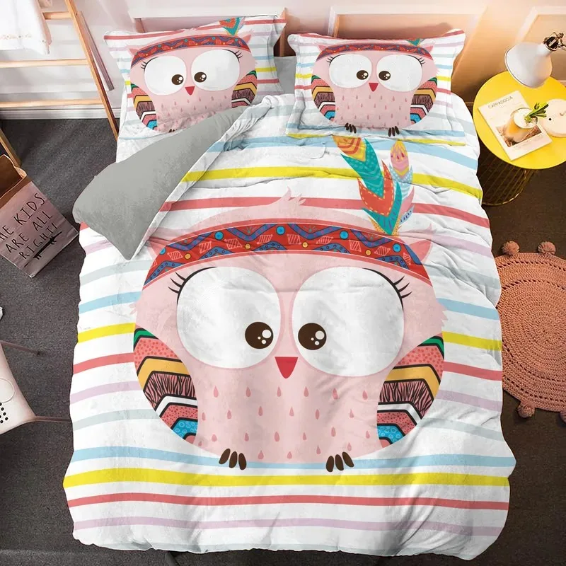 Kawaii Cartoon Owl Duvet Cover Set Full Queen King Size Owl Bedding Set for Girls Boys Brown Owl Cartoon Animal Comforter Cover