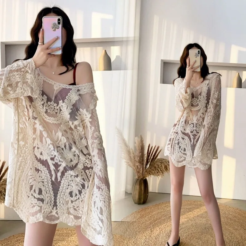 

Y2k Sun Protection Long Sleeves T-shirt Embroidered Lightweight Sheer Top Women Cover-up Shirt Beach Vacation Harajuku T-shirts