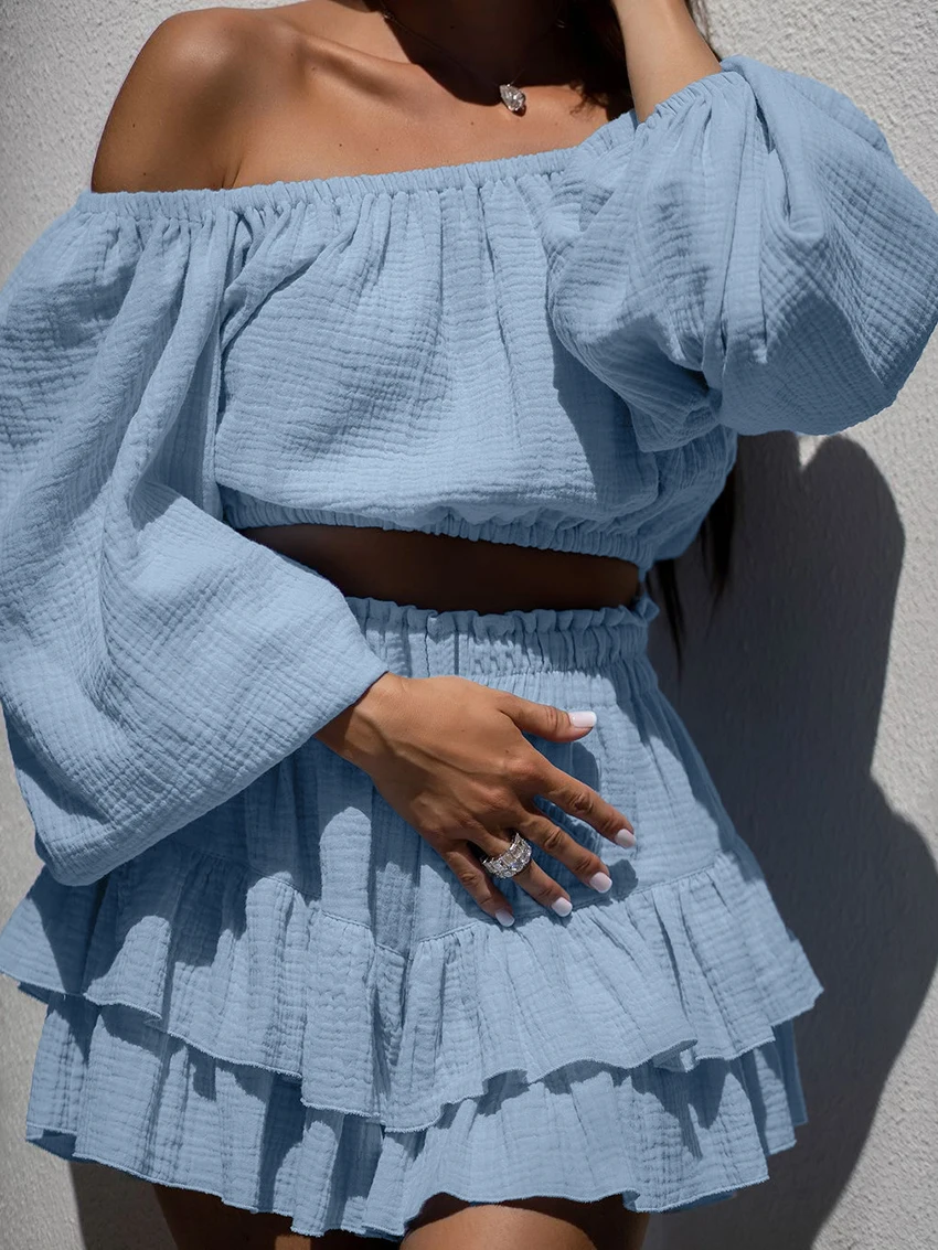 Marthaqiqi Cotton Female Nightgowns Set Crop Top Sleepwear Long Sleeve Pajamas Slash Neck Nightwear Skirts Women'S Pyjamas Suit
