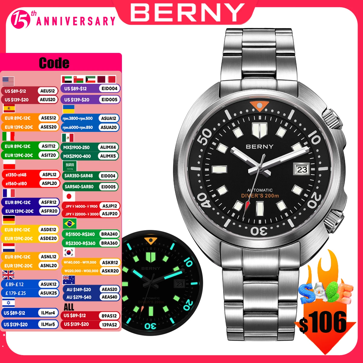 BERNY Automatic Compressor Diver Watch for Men Super Luminous Wristwatch Sapphire Swim Sport 20ATM Mechanical Mens Dive Watches