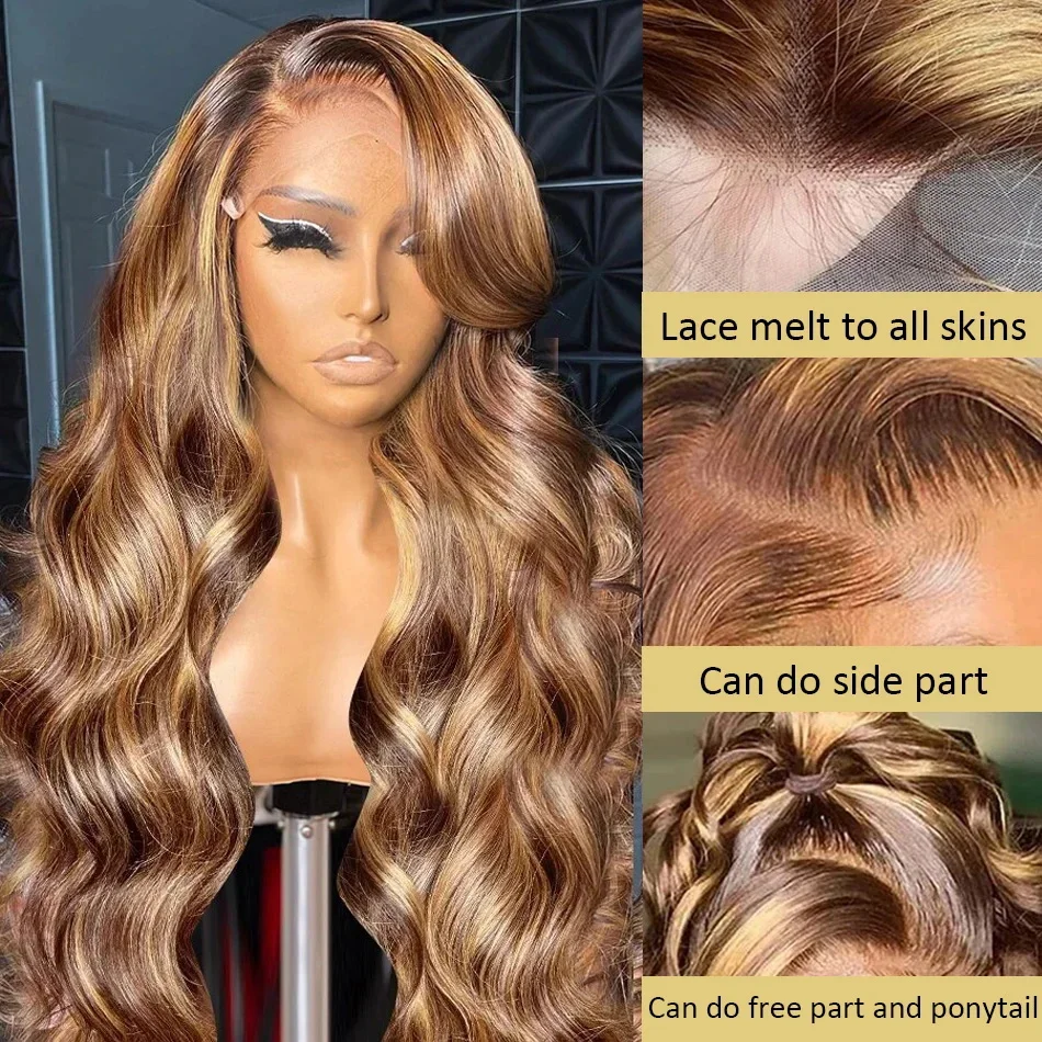 Perruque Lace Front Wig Body Wave Brésilienne Naturelle, Cheveux Humains, Brun, Blond Miel, 13x4, à Reflets Ombrés, 427