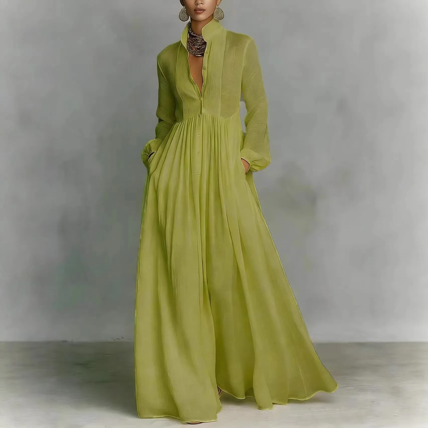 Böhmisches Stehkragen-Knopf-Maxikleid Elegantes Hochgeschnittenes Einfarbiges Partykleid Frühling Langarm Locker Sitzende Freizeitkleider
