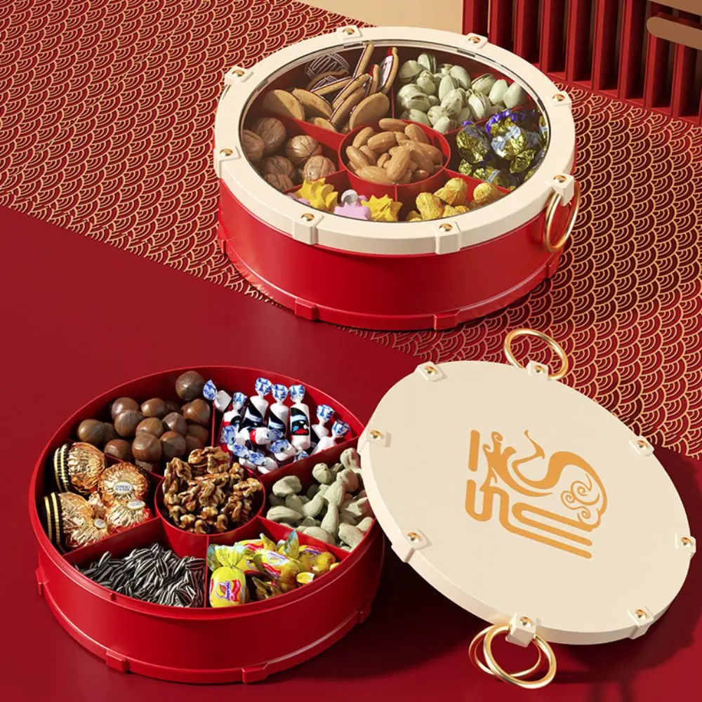 Bandeja para servir nueces con forma de tambor de 7 compartimentos, caja redonda para dulces de Año Nuevo a prueba de polvo, plato de fruta sellado de estilo chino, galleta