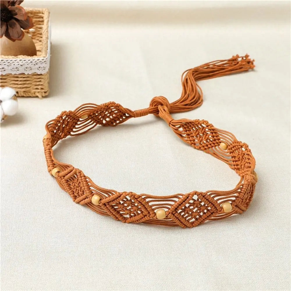 

Vintage Retro All-match Waist Rope Beads Wax Rope Boho Women Waist Chain Round Wooden Button Ethnic Style Belts Braided Belt