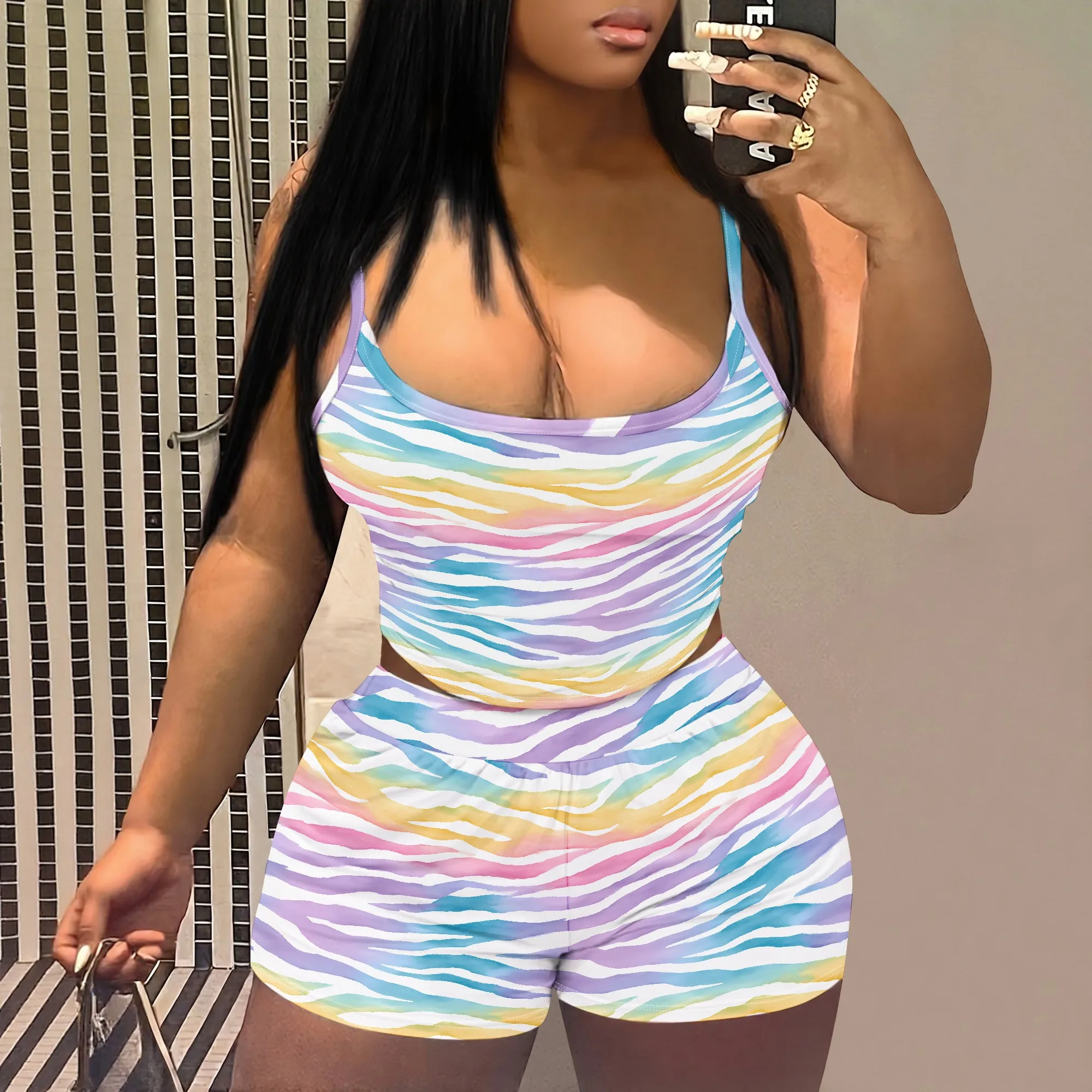 Rainbow Zebra Print Cami Set, Pastel Striped Crop Top And Shorts, Summer Lounge Wear For Women, S-2XL