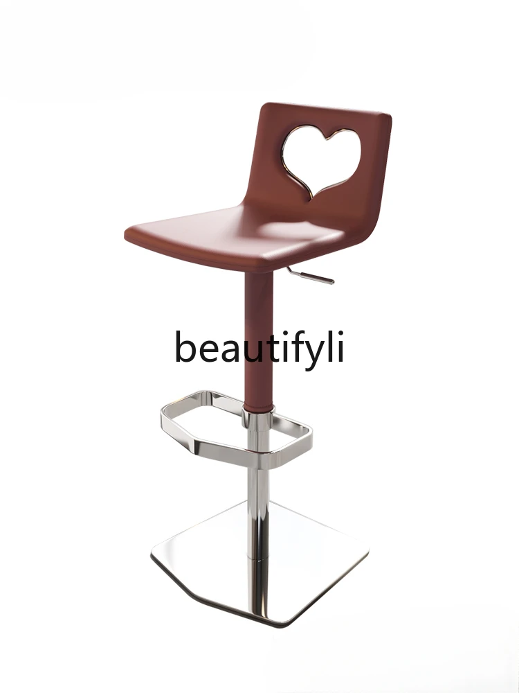 

Burgundy Bar Chair Home High Chair Light Luxury Minimalist Stainless Steel Lifting Rotating Leather