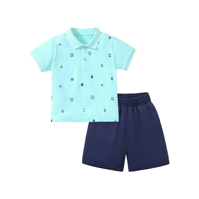 

2024 Children Boys Casual Two Piece Sets Printed Polo Shirt Solid Shorts Holiday Style Outfits Short Sleeved Kids Boy Clothing ﻿