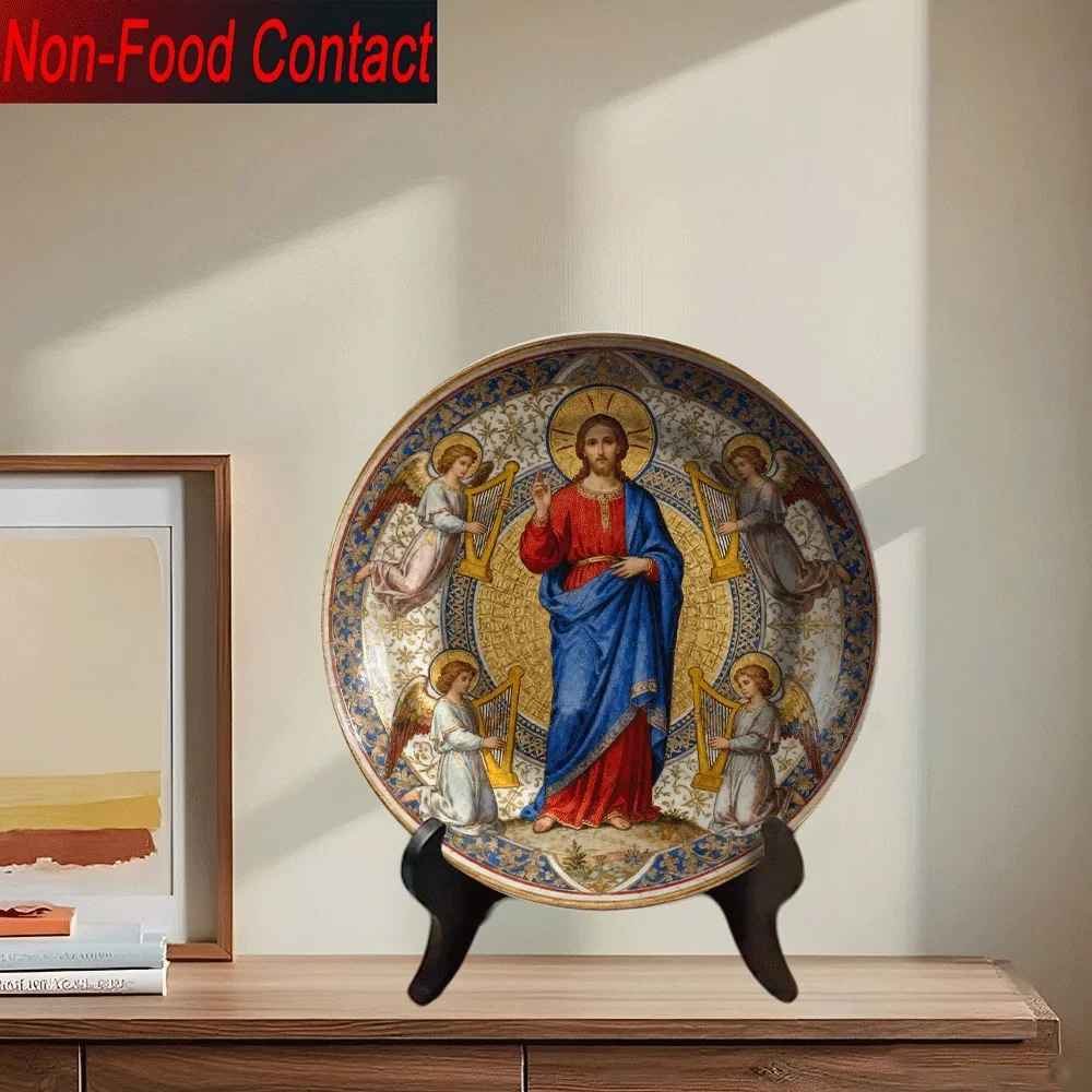 2D Flat, 1pc 8-Inch Round Ceramic Decorative Plate - Religious Art Christ Icon Design, Non-Food Contact, Perfect for Home &