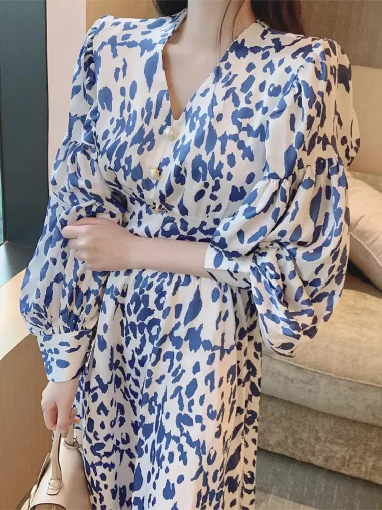 Chic Vintage V-ne Pearl Button High Waist Slimming Bubble Sve Print Dr Women's Korean Sle Long Sve Spring Dr