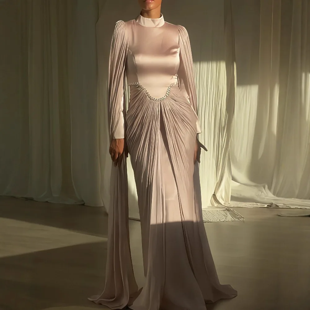 Damen Stehkragen-Kleid mit Strass-Dekor, Plissiertes Enges Langes Bodycon-Abendkleid, Hochwertiger Prominenten-Stil für Tägliches Tragen, Bankette und Dates