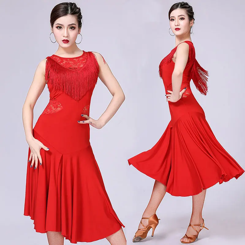 Laço vermelho moda trajes de dança latina para mulher padrão trajes de dança de salão de baile treinamento vestido de dança latina