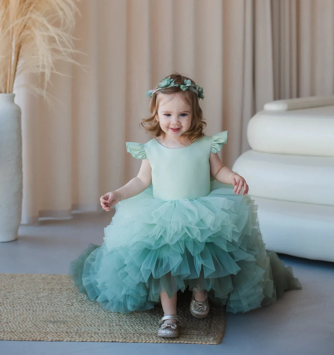 Sage Green Flower Girl Dresses For Wedding Litter Girls Birthday Party Gowns Baby Children Ruffles Clothes Outfit Gown