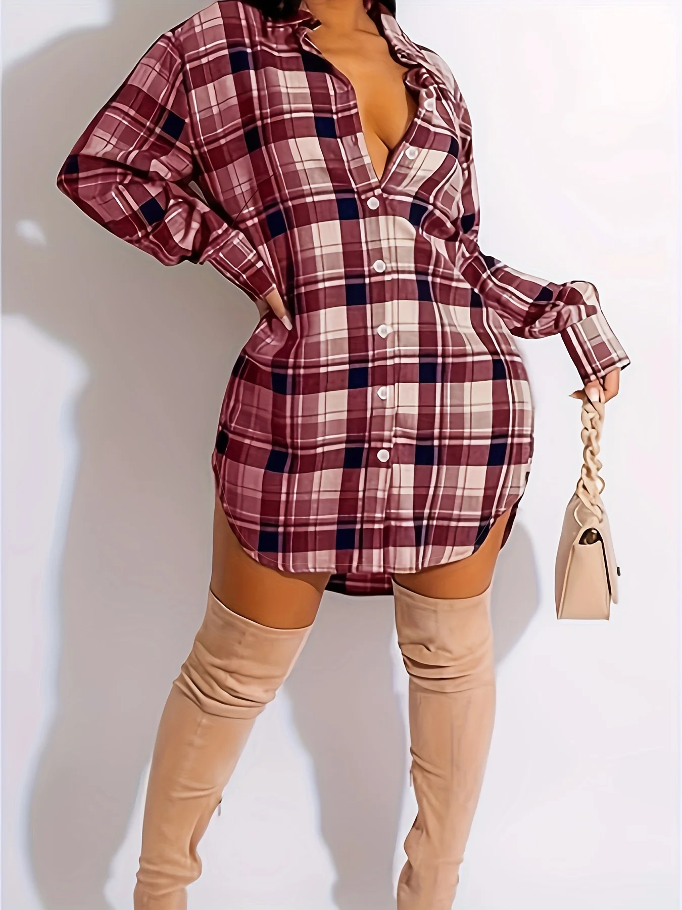

Plus-size women's red plaid shirt, loose casual, collared for style, fit daily leisure & office.0-4XL
