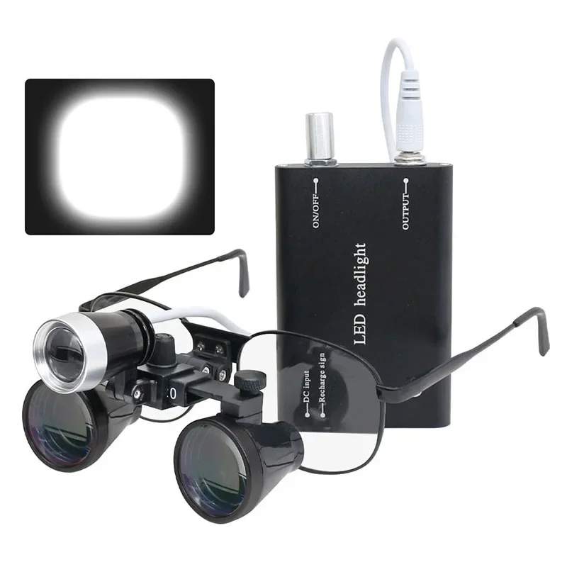 Dental Binocular Loupes Metal Case Set with LED Headlamp & Lithium Battery Optical Glass Magnifier 320-420mm Dental 3.5X 2.5X