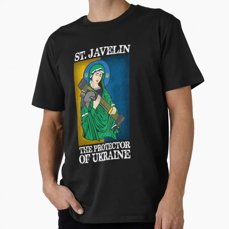 

Saint Javelin Protector Of Ukraine Gift T shirt for man Large size Tops Stop war Graphic Print Clothes 100% Cotton Tee