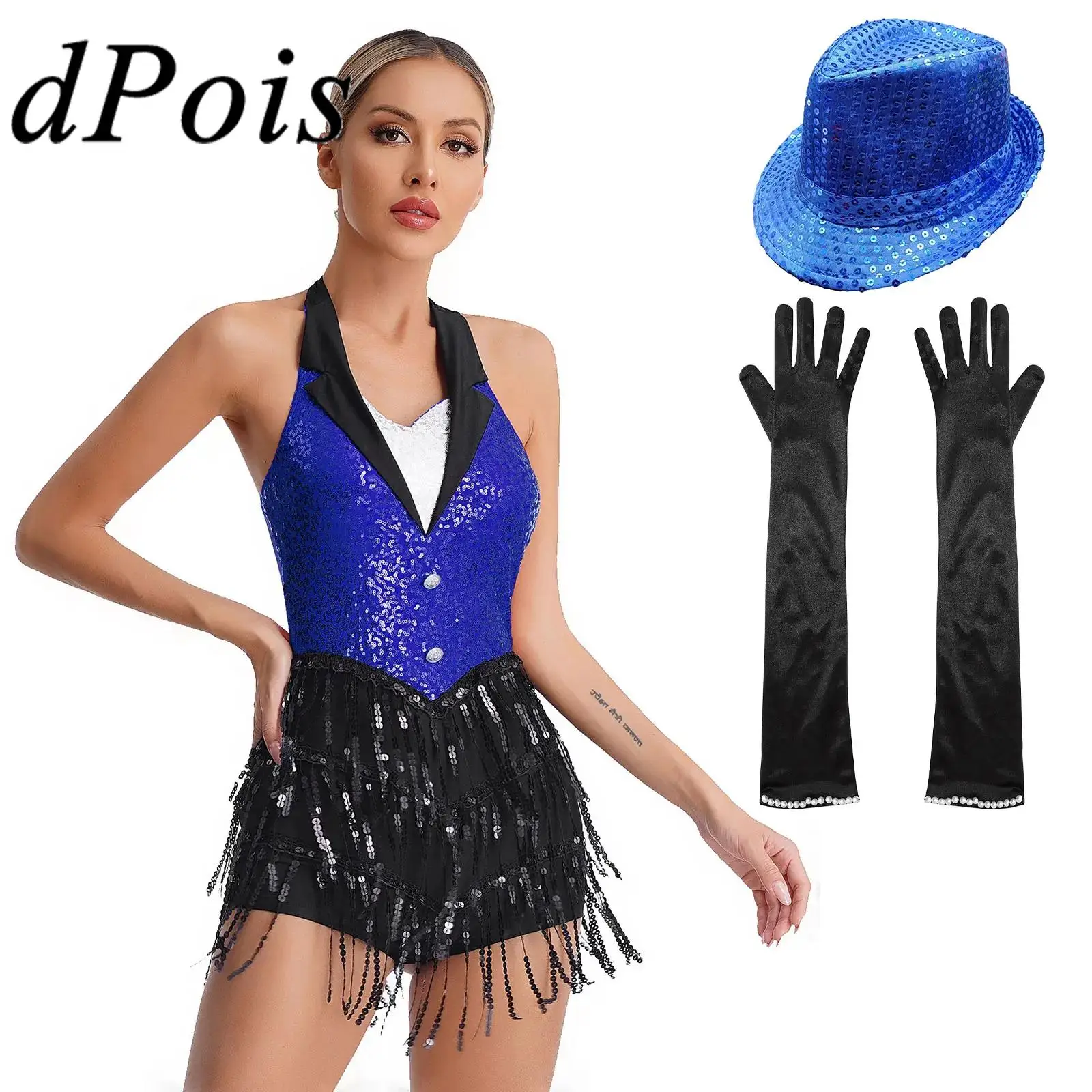 Frauen moderne Latin Jazz Tanz kostüme glänzende Pailletten Tango Salsa Tanz Trikot Femme Smoking Bodysuit Halloween Party Kostüm