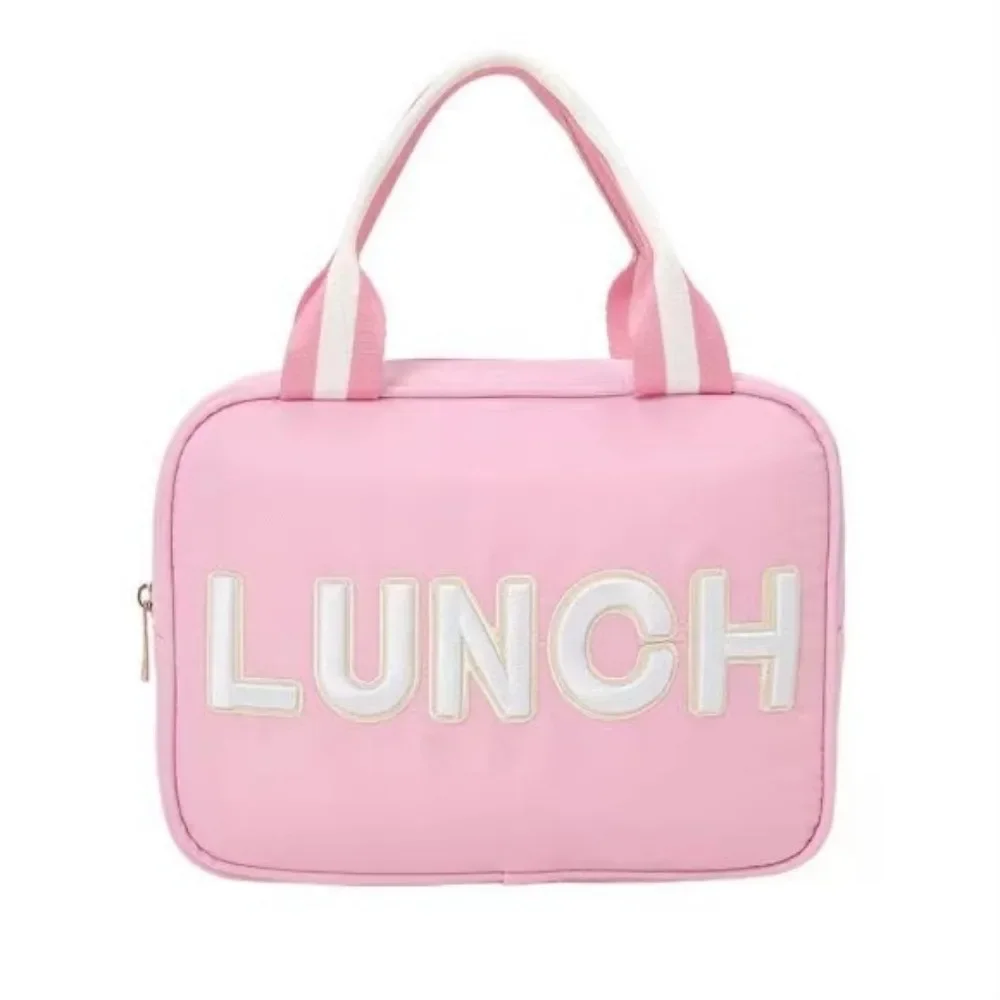 Waterproof Nylon Lunch Bags Kids Fashion Letter Patches Insulated Lunch Box Children Portable Lunch Totes Picnic Food Warmer Bag