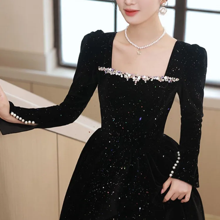 Customized Velvet Palace Style Beading Wedding Party Vestidos Square Collar Long Sleeve Simple Prom Dresses Simple Gentle Evenin