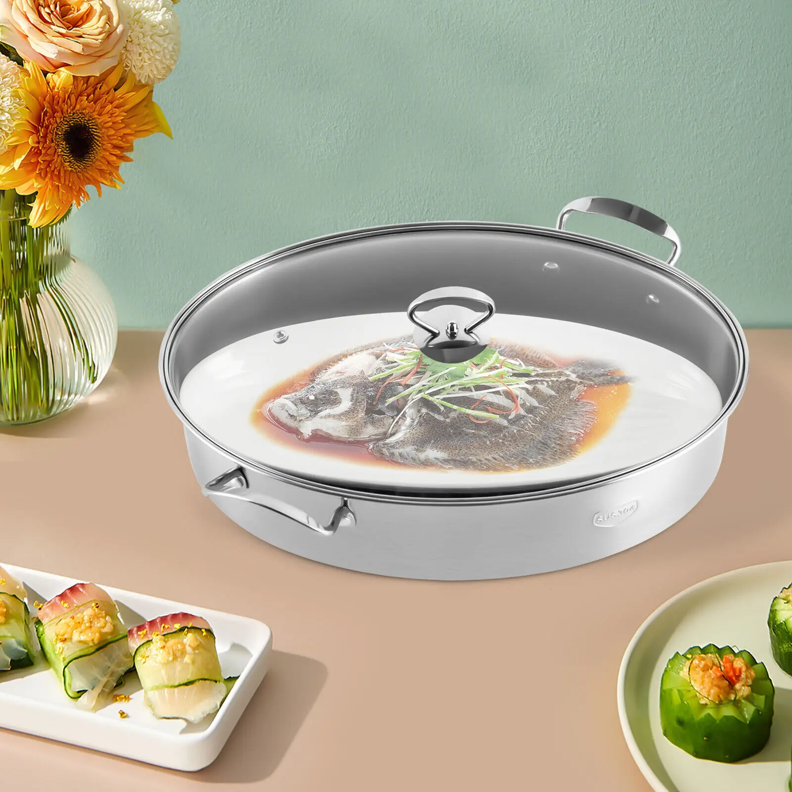 

Stainless Steel Fish Steamer Multi-Use Oval Cookware with Rack Ceramic Pan Chuck Stockpot for Steaming Fish Boiling Soup Seafood