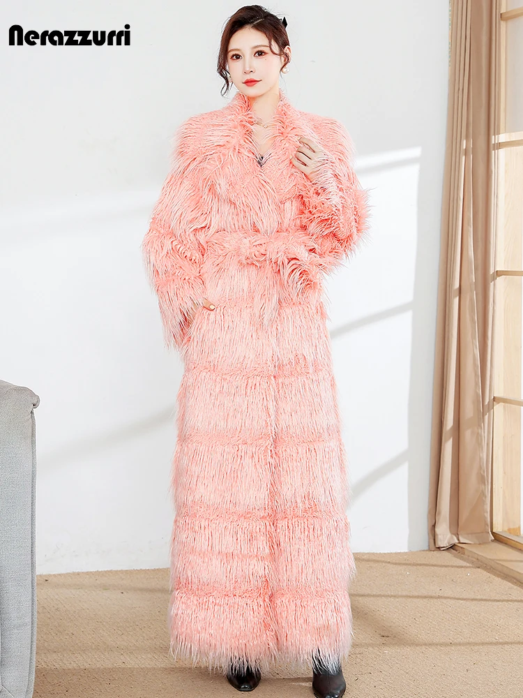 Nerazzurri Winter Extra Long Striped Pink Warm Faux Mongolia Sheep Fur Coat Women Sashes Luxury Chic Maxi Fluffy Overcoat 2023