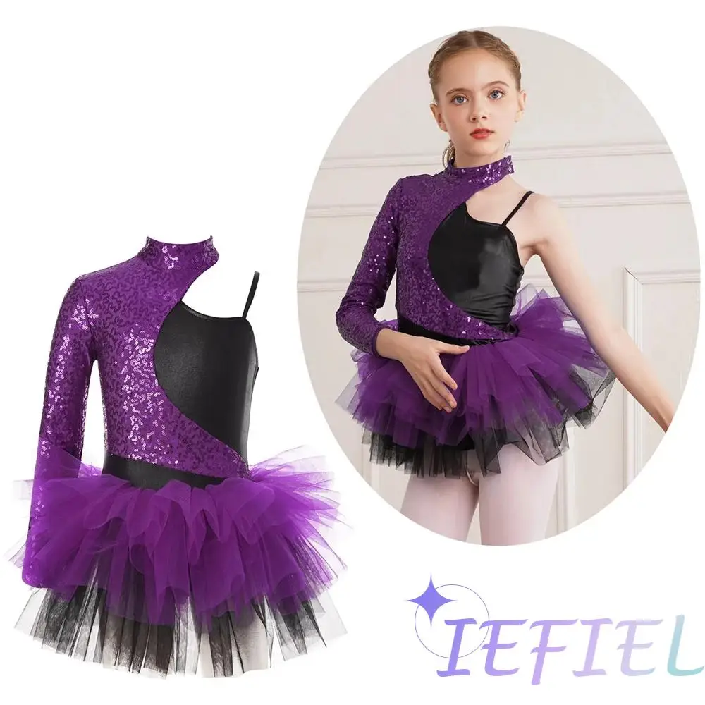 Falda de tul de patinaje sobre hielo para niños, leotardo de baile de escenario para niñas, lentejuelas brillantes, vestido de baile latino de Ballet contemporáneo moderno