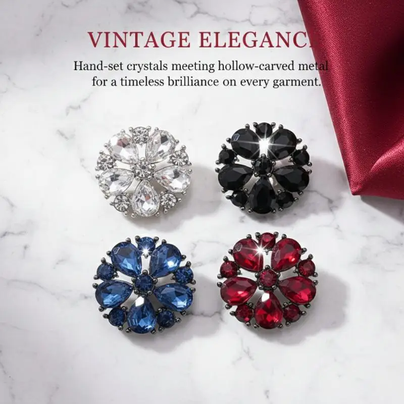New 3Pcs 15/21/25mm Flower Rhinestones Hollow Button Diy Sweater Wool Jacket Suit Clothing Decorative Accessories