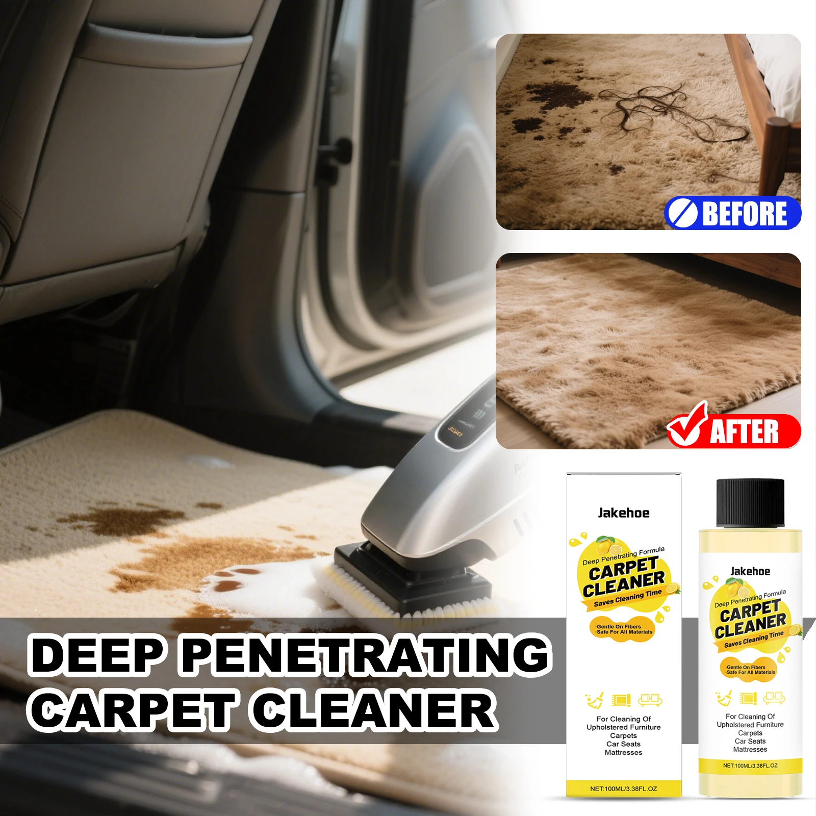 JAKEHOE Carpet Cleaner Liquid 100ml Household Fabric Cleaning Agent Effectively Clean Stains Remove Stubborn Dirt Reduces Odor