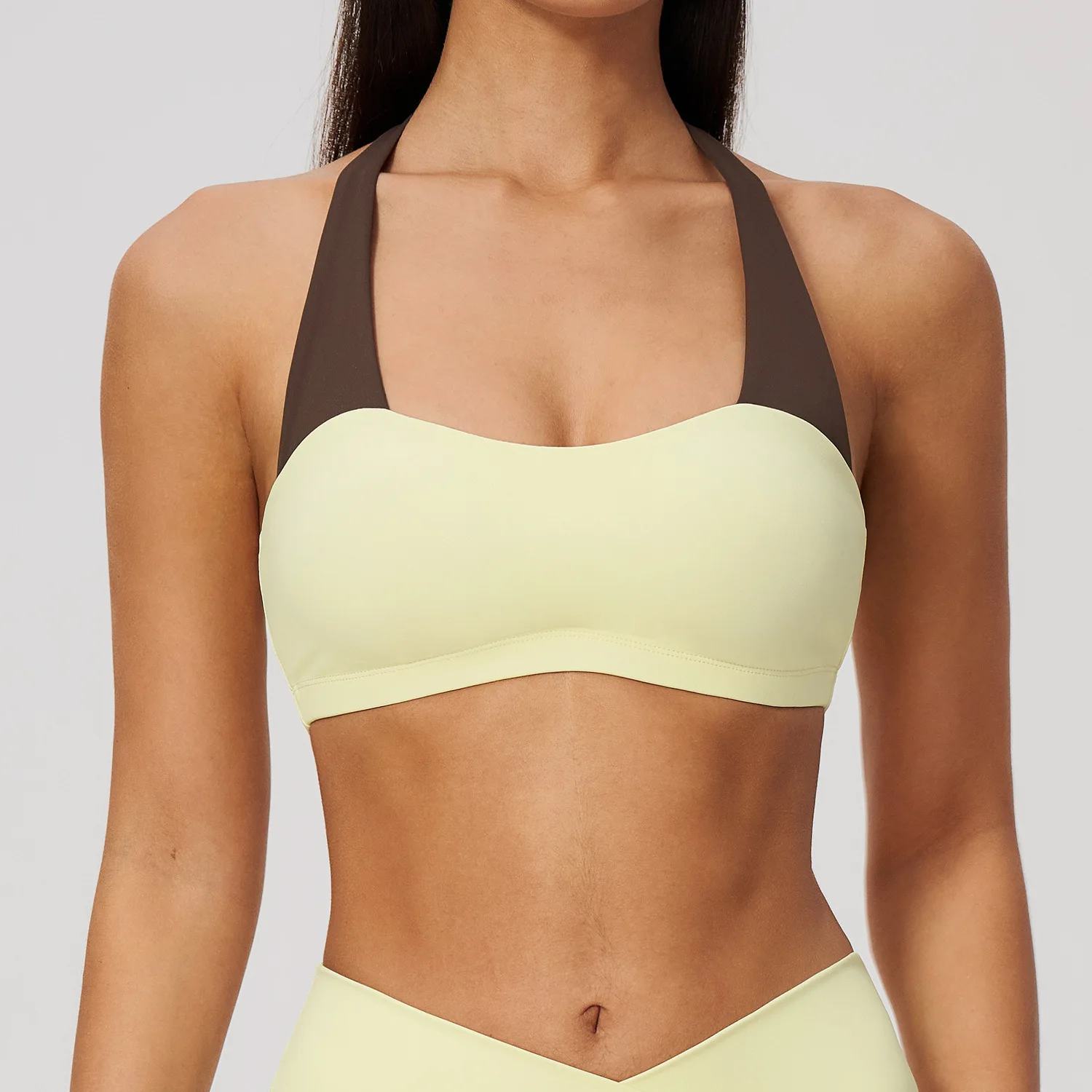 Women Sports Bra Halter Neck Color Block Open Back Crop Top Removable Padded Workout Gym Fitness Activewear Vest Breathable Soft