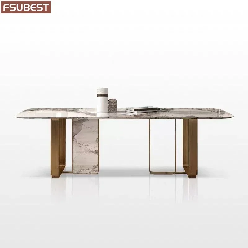 Designer Luxury Dinner Rock Slab Dining Room Table Set 4 6 8 Chairs Esstisch Furniture Meuble Marbre Stainless Steel Gold Base