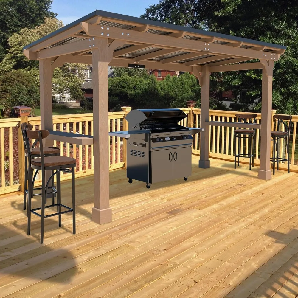 

6 x 13 FT Wooden Grill Gazebo with Sloping Metal Roof, 2 Full Size Grills, BBQ Canopy for Patio, Lawn, Garden, Light Mocha Brown