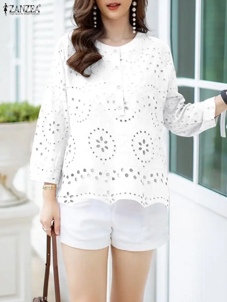 Stylish Autumn Hollow Out Blouse 2025 ZANZEA Women Embroidered Tops Elegant O Neck Long Sleeve Office Shirt Solid Buttons Blusas