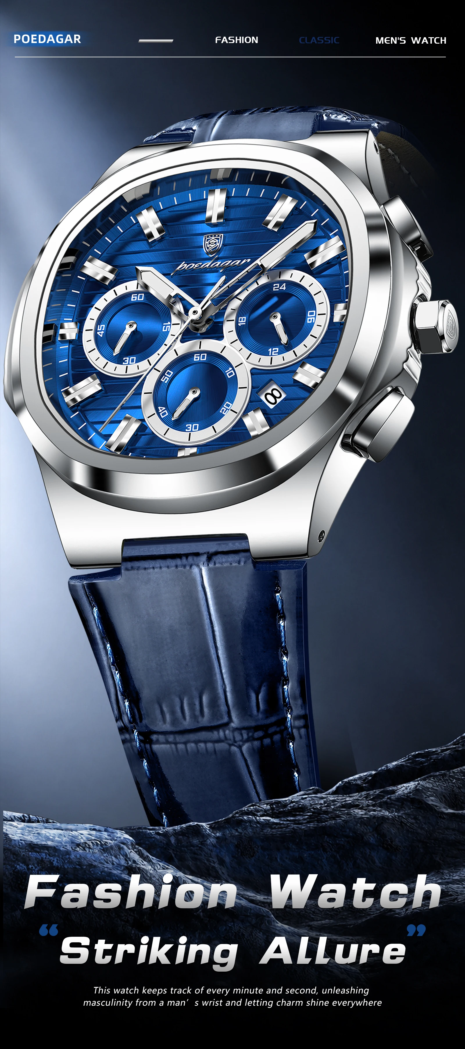 POEDAGAR Business-Herrenuhr Leder Wasserdicht Leuchtend Sport Herrenuhr Datum Chronograph Quarz Mode Herrenuhren Reloj – Detail 2
