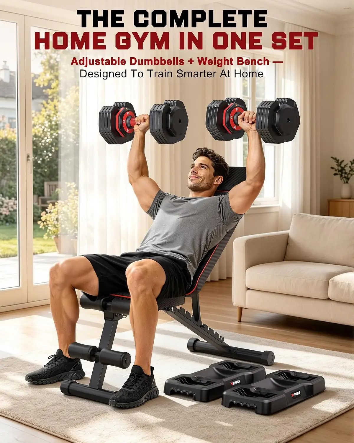 Adjustable Dumbbell Set with Workout Bench at Home, Foldable Strength Training for Full Body Workout Machine