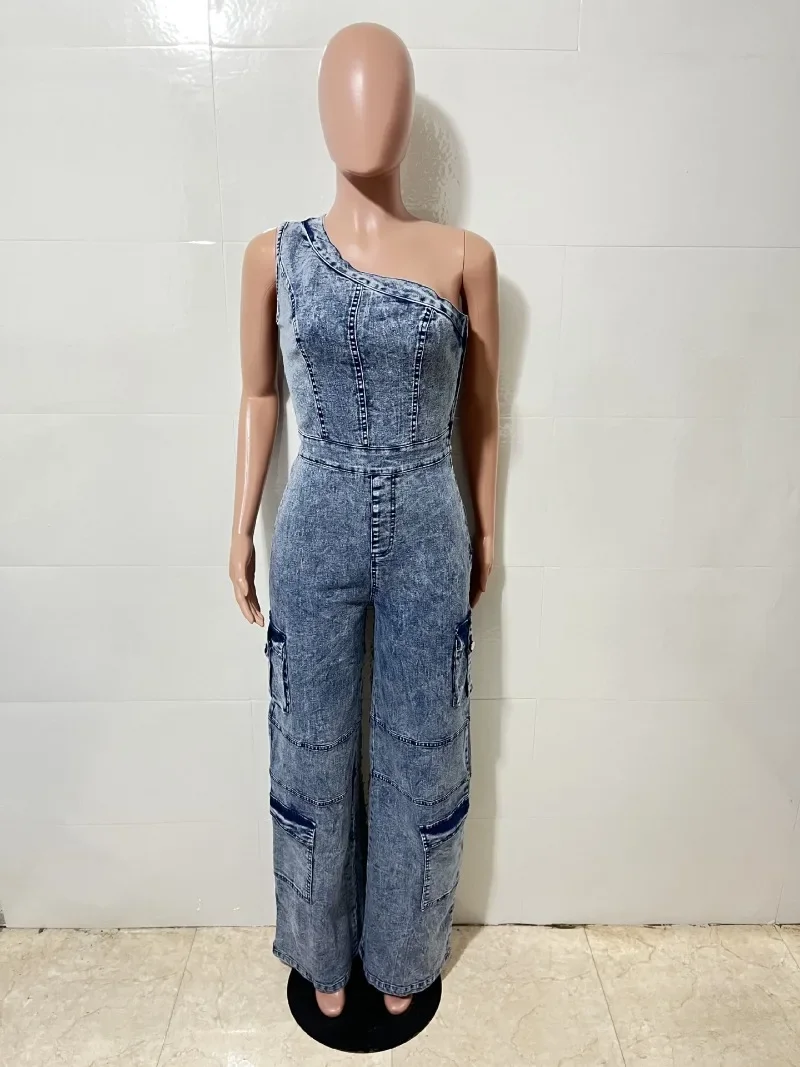 GUWU 2025 Fashion Women’s Jumpsuits One Shoulder High Waist Slim Fit Elastic Washed Denim One Piece Oufit Rompers