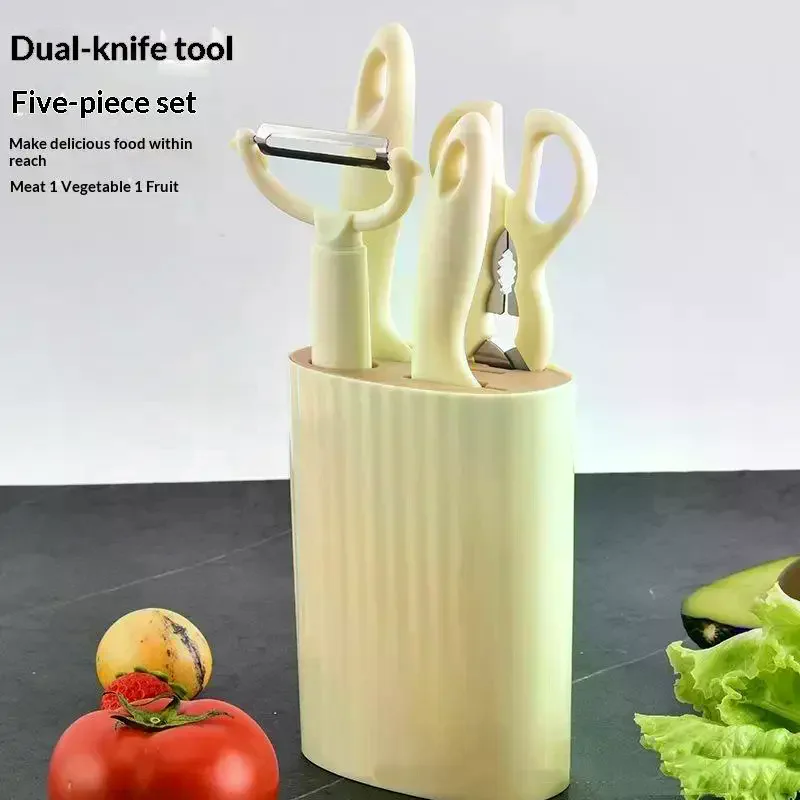 Stainless Steel Kitchen Knife And Scissors Five-Piece Set [Including Knife Holder] Complete Home Set