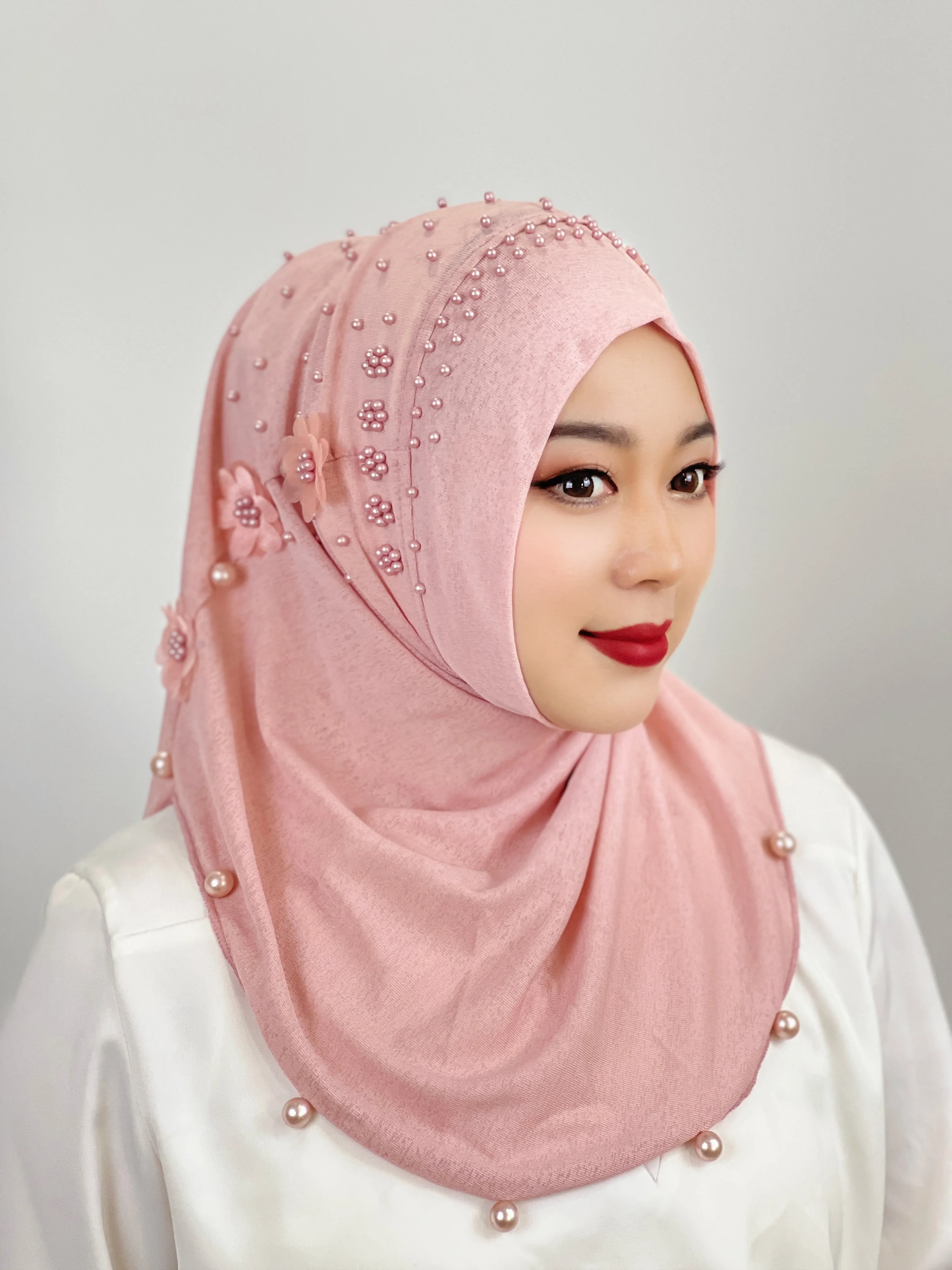 2024 Summer New Muslim Solid Color Women\'s Headscarf Hat Beaded Flower Shawl Elastic Pullover Headscarf