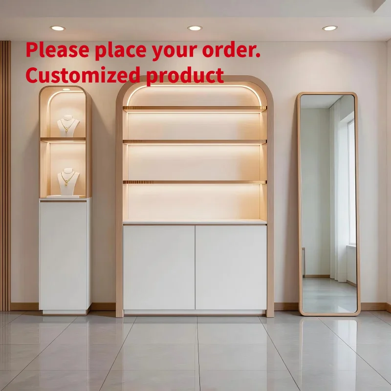 custom.Minimalist Jewelry Wall Showcase Set with Full-length Mirror White Wood Display Shelving Handleless Storage Cabinet B