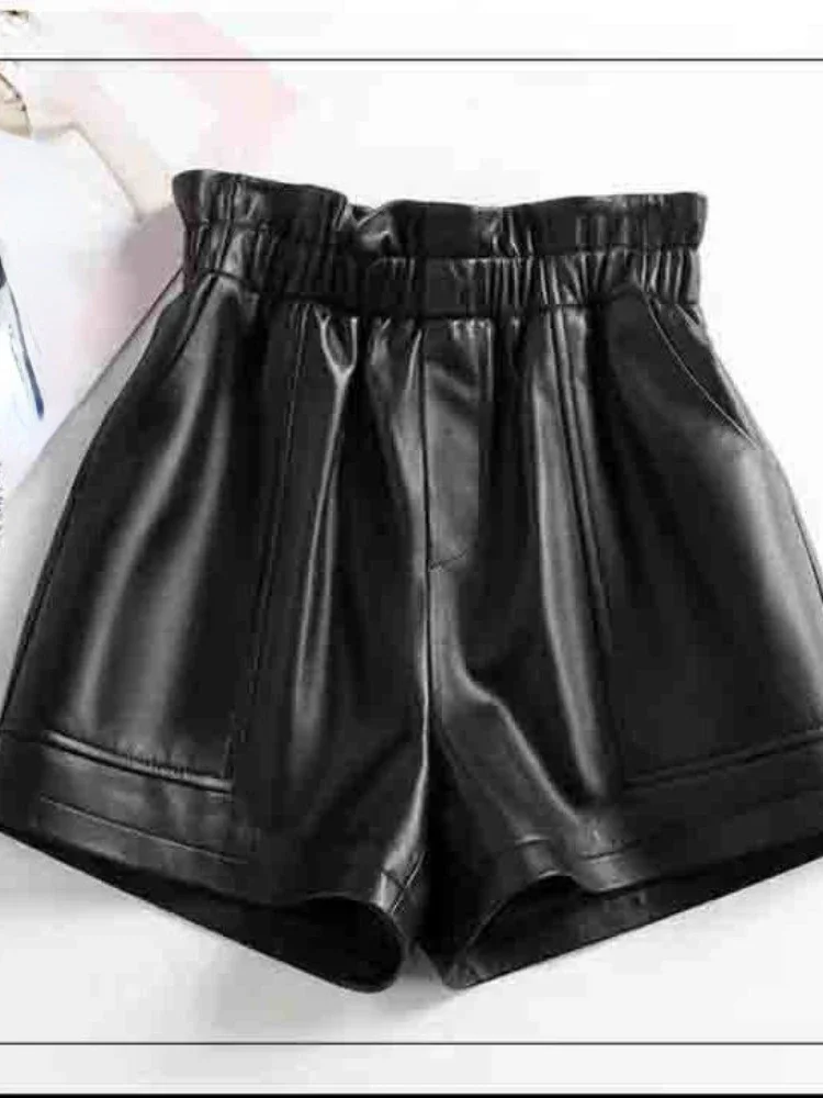 Imagem -06 - Mulher Elástica Cintura Alta Shorts Feminino Solto Calções de Couro Genuíno Senhoras Streetwear Casual Perna Larga Shorts de Couro Calças G283